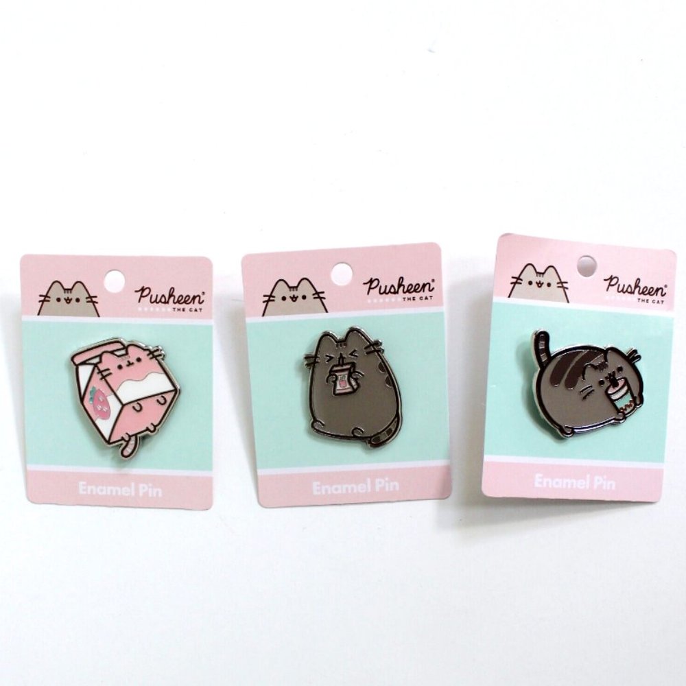 Pusheen The Cat Enamel Pins Set of 3 Boba, Strawberry Milk, Apple Juice